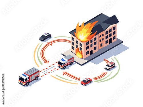 sometric an emergency scene a building on fire, with separate paths leading to a police unit, a fire truck