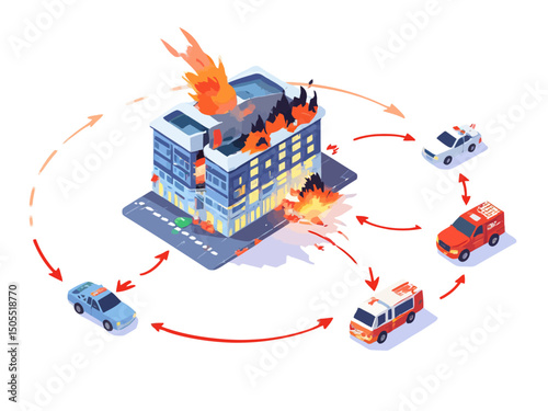sometric an emergency scene a building on fire, with separate paths leading to a police unit, a fire truck