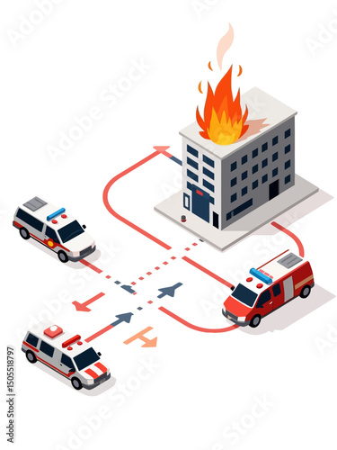sometric an emergency scene a building on fire, with separate paths leading to a police unit, a fire truck