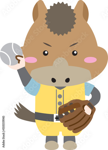 グローブで野球をするかわいい馬キャラクター（午年イラスト）
