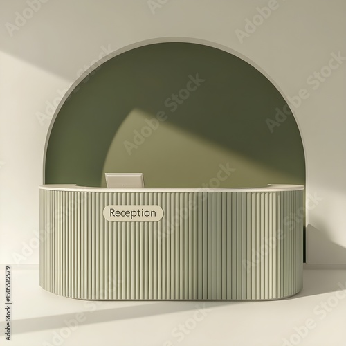 Elegant curved reception desk modern design minimalist style green wall backdrop serene atmosphere perfect office interior