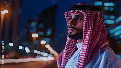 Arabian man gazing city lights night reflects ambition dreams hope