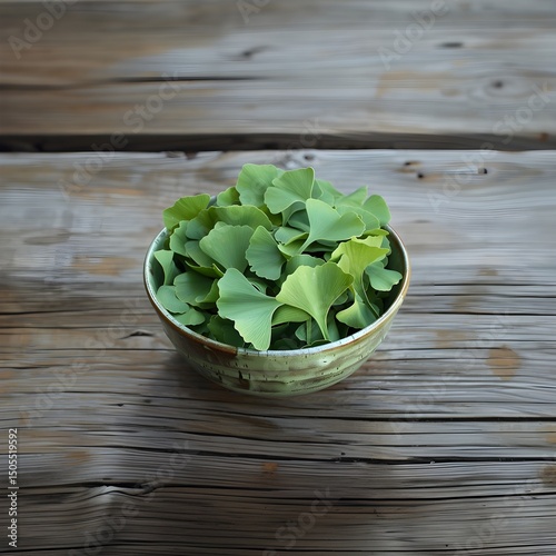 Fresh Ginkgo Biloba leaves in a rustic bowl natural beauty vibrant green herbal remedy