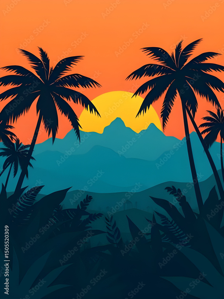 Obraz premium Tropical sunset, Palm tree sunset, Sunset beach, Sunset with palm trees, Tropical landscape, Island sunset, Summer evening, Exotic sunset, Sunset over ocean, Palm silhouette, Beach sunset scene, Tropi