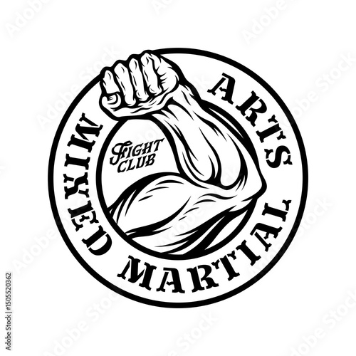 Monochrome fighting club logotype with Arm muscle flex strong in vintage style isolated vector illustration