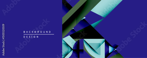 Abstract geometric composition. Overlapping layers create depth, using cool blues, greens, black. Modern design element for backgrounds, presentations. Minimalist aesthetic.