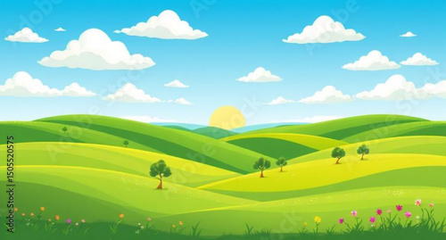 Green field, Blue sky sunrise, Sunrise landscape, Morning field, Green meadow, Sunrise sky, Nature sunrise, Countryside sunrise, Early morning field, Sun rising over field, Blue sky background, Sunris