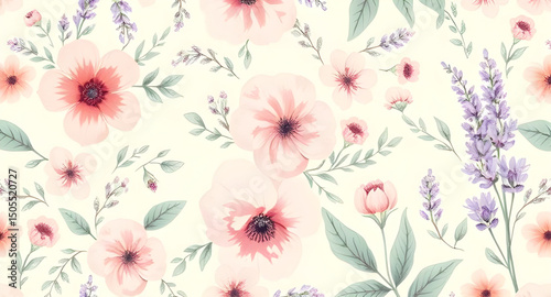 Wallpaper Mural Seamless floral pattern, Floral repeat pattern, Botanical seamless design, Flower pattern, Vintage floral pattern, Hand-drawn flowers, Watercolor floral pattern, Elegant floral background, Spring flow Torontodigital.ca