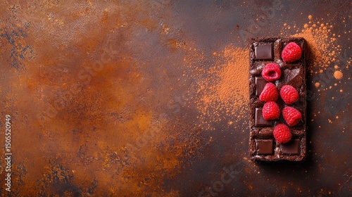 A rich chocolate brownie topped with raspberries and dusted with cocoa powder, styled on a textured background.
