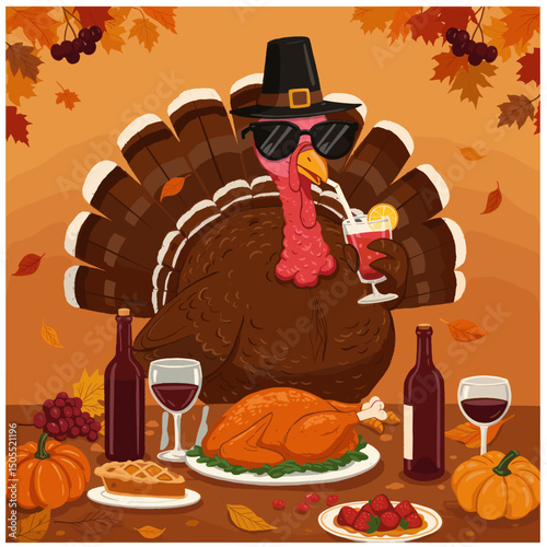 Thanksgiving Feast: A Turkey with Pie and Party Hats