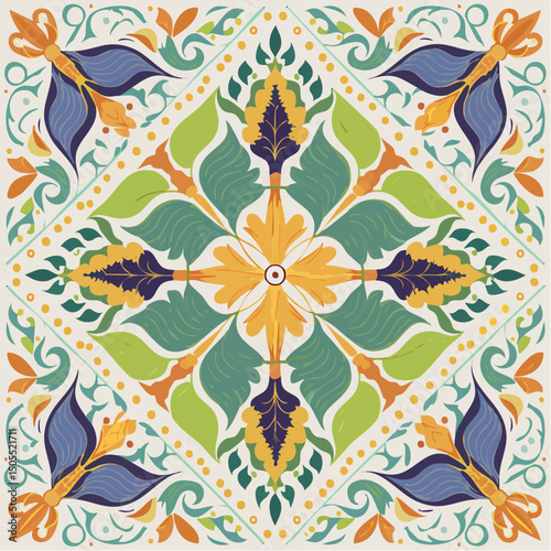 Stylized Floral Batik Tile Pattern Vector Design Element