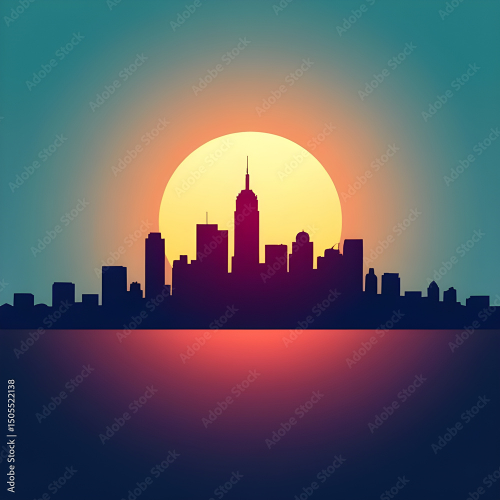 Fototapeta premium City at sunset, Sunset cityscape, Urban sunset, City skyline at dusk, Sunset skyline, Evening city view, City horizon at sunset, Golden hour city, Sunset over buildings, Downtown sunset, Urban silhoue