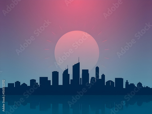 skyline with sunset sky, urban silhouette cartoon, cartoon towers, sunset cartoon scene, nightfall cityscape, pastel sunset city, cartoon architecture, cartoon skyline illustration, city at dusk drawi