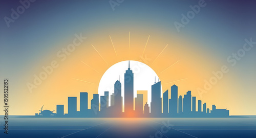 downtown skyline drawing, colorful sunset city, cartoon cityscape, modern skyline vector, metropolitan cartoon art, sunset over buildings, urban cartoon design, cartoon town skyline, big city sunset, 