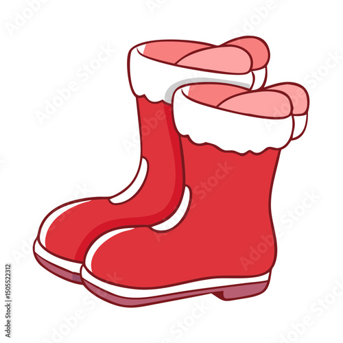 Two Cute Red and White Winter Boots with Fluffy Trim Illustration