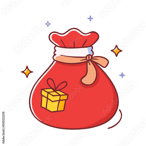 Cartoon illustration of a red sack filled with Christmas presents and stars