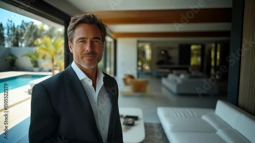 Wallpaper Mural Man in a suit smiles confidently in a modern house with large windows and stylish interior design Torontodigital.ca