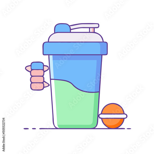 Cartoon illustration of a blue and green protein shake cup, flat design