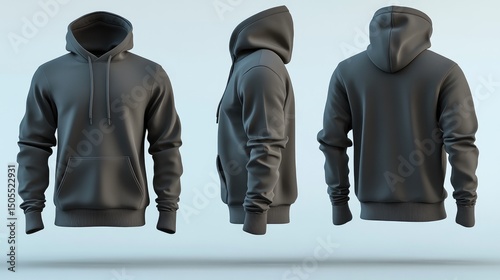 Dark gray hooded sweatshirt, three-quarter view showcasing front, side, and back