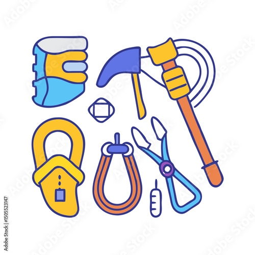 Illustration of climbing gear for outdoor adventures and extreme sports equipment