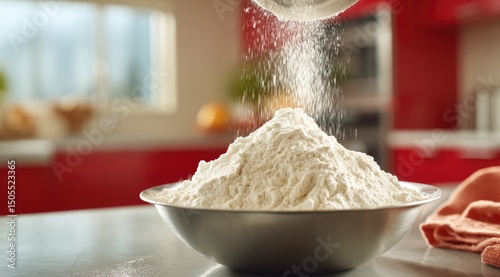 Flour cascading from a sieve into a stainless steel bowl on a kitchen counter, against a blurred red kitchen backdrop