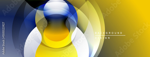Abstract background features layered circles, gradients. Yellow, blue, gray tones create modern visual effect. Smooth transitions dominate design.