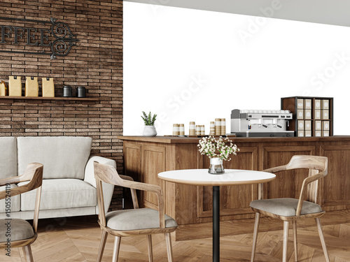 Fototapeta Naklejka Na Ścianę i Meble -  Free PNG wallpaper mockup in Coffee Shop Interior Design, Cozy Cafe Interior with Wooden Furniture and Brick Walls, 3D rendering