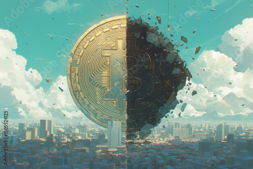 A golden coin with bitcoin cryptocurrency symbol. A coin cracked in half.