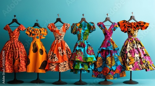 Vibrant African print dresses on clothing rack