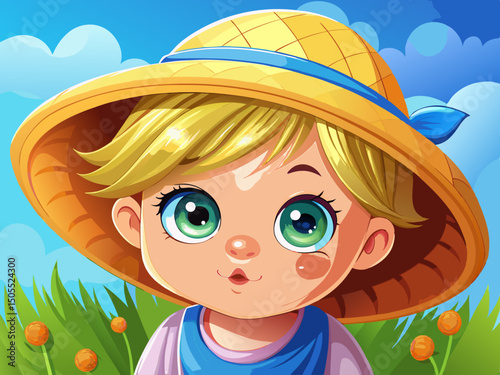 vector of Adorable baby girl wearing a natural straw hat with a soft expression and stunning blue eyes in a soft light environment.
