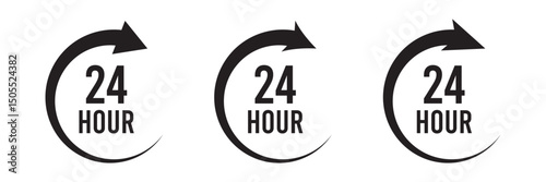 24 hour assistance icons. 24 hours 7 days in week support icons. 24 hour service icon. 24 hours icon. 24 hours order execution or delivery service icon. 24 hours icon flat style on a white background.