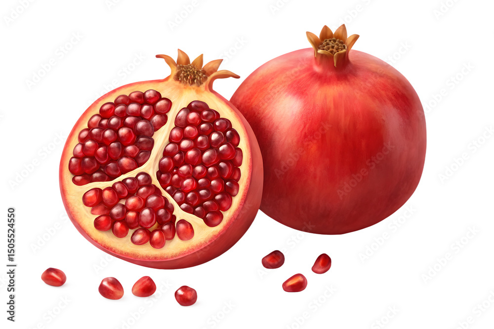 Fresh Pomegranate Fruit Whole and Half on Transparent Background Fresh Pomegranate Fruit Whole and Half on Transparent Background