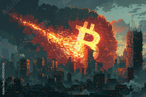A bitcoin symbol crashing down on a city
