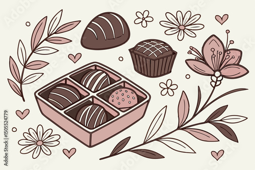 Assorted chocolate candies with floral decorations