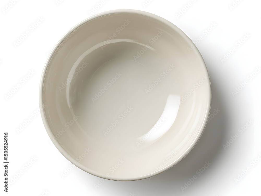 Empty white ceramic bowl seen from a top-down perspective, isolated on a white background with a subtle shadow. Clean and simple tableware for food concepts. Empty white ceramic bowl seen from a top-down perspective, isolated on a white background with a subtle shadow. Clean and simple tableware for food concepts.