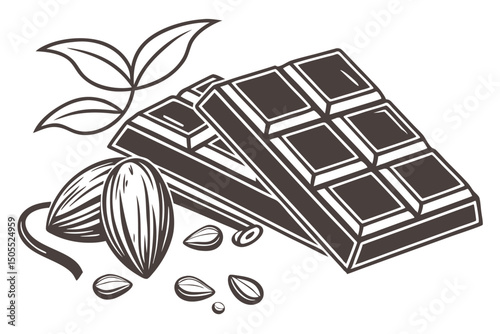 Delicious chocolate bar with almonds and cocoa leaves