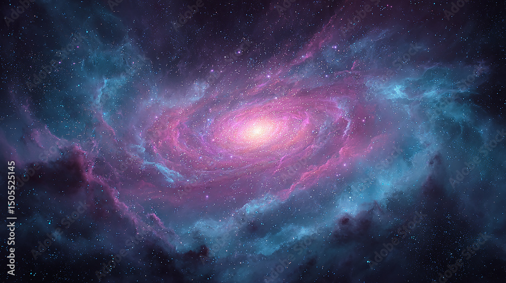 Obraz premium A mesmerizing spiral galaxy with swirling pink and blue nebulae against a backdrop of countless stars in the vast expanse of space