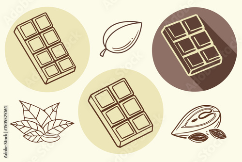 Chocolate bar icons cacao beans and leaves illustration