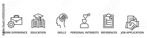 Curriculum Vitae banner vector illustration concept with icon of work experience, education, skills, personal interests, reference and job application
