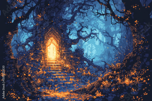 A pixelated glowing portal in a dark forest, pixel art