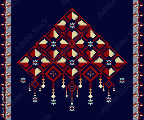Hand drawn abstract Ethnic geometric pattern, background, pixel. Hand drawn abstract Ethnic geometric pattern, Pixel ,background, navy blue,Red. Triangular shape.