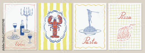 Mediterranean food hand drawn vintage posters with wine, lobster, spaghetti pasta, and pizza. Retro Italian food ink sketch set in whimsical line art style for poster, card, invitation, menu.