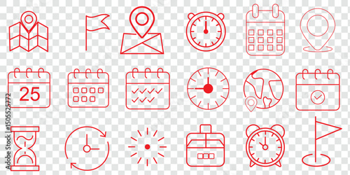 Time, date and location icon set in line style, Containing hourglass, pin, stopwatch, calendar, clock, gps point, flag point, globe point and more, vector illustration
