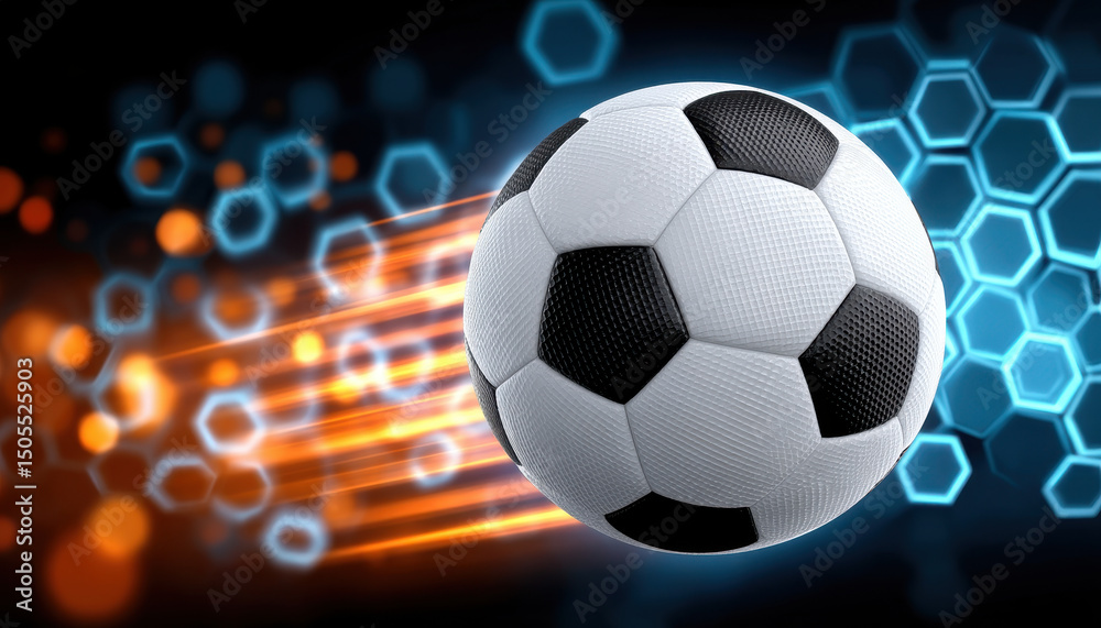 Naklejka premium Soccer ball with black and white panels flying fast with glowing orange and blue hexagonal light trails in dark background