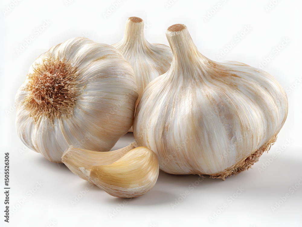 Obraz premium Fresh raw garlic bulbs and a single clove isolated on a clean white background, a healthy cooking ingredient.