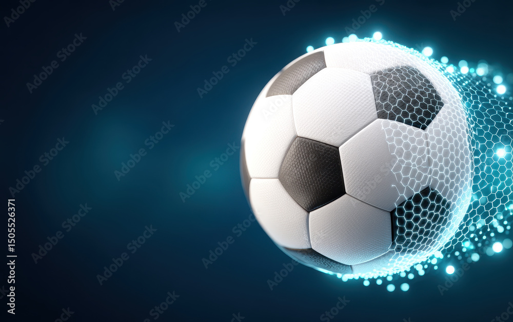 Naklejka premium Glowing digital soccer ball midflight with hexagonal light pattern on dark blue background, showing dynamic motion and energy