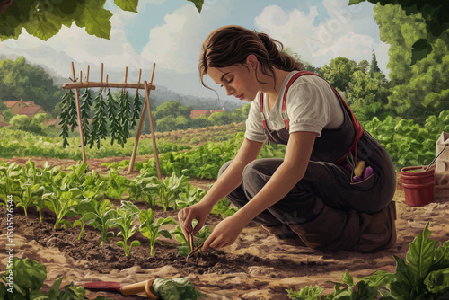 A young woman planting vegetable seeds in a neat row, surrounded by colorful gardening tools