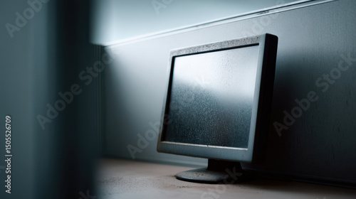 Dust covered computer monitor unused cubicle with dim lighting and foggy screen, evoking sense