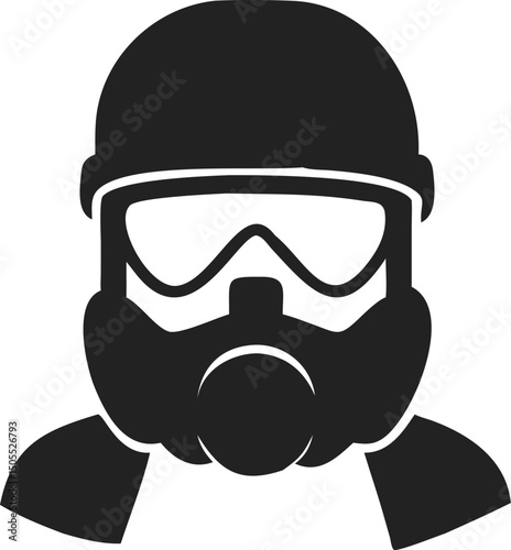 Silhouette of a Person Wearing a Gas Mask and Helmet with Wide Goggles and Round Front Filter, Featuring Rounded Shoulders and Protective Uniform, man wearing a helmet and mask photo