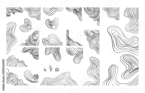 Modern Black and Off White Abstract Curve Element Corner Border Set, Hand Drawn Wave Decoration. Wavy Graphic Isolated Design Elements, Vector Illustration for Presentations Backgrounds